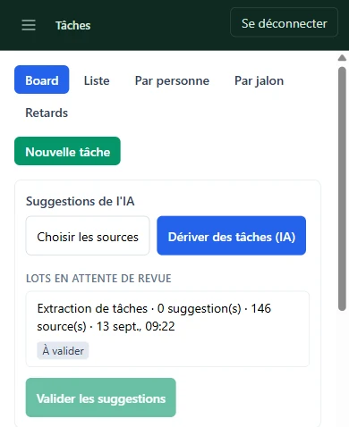 L'écran Tâches sur téléphone : vues Board, Liste, Par personne, Par jalon, Retards ; bloc Suggestions de l'IA avec un lot d'extraction de tâches à valider